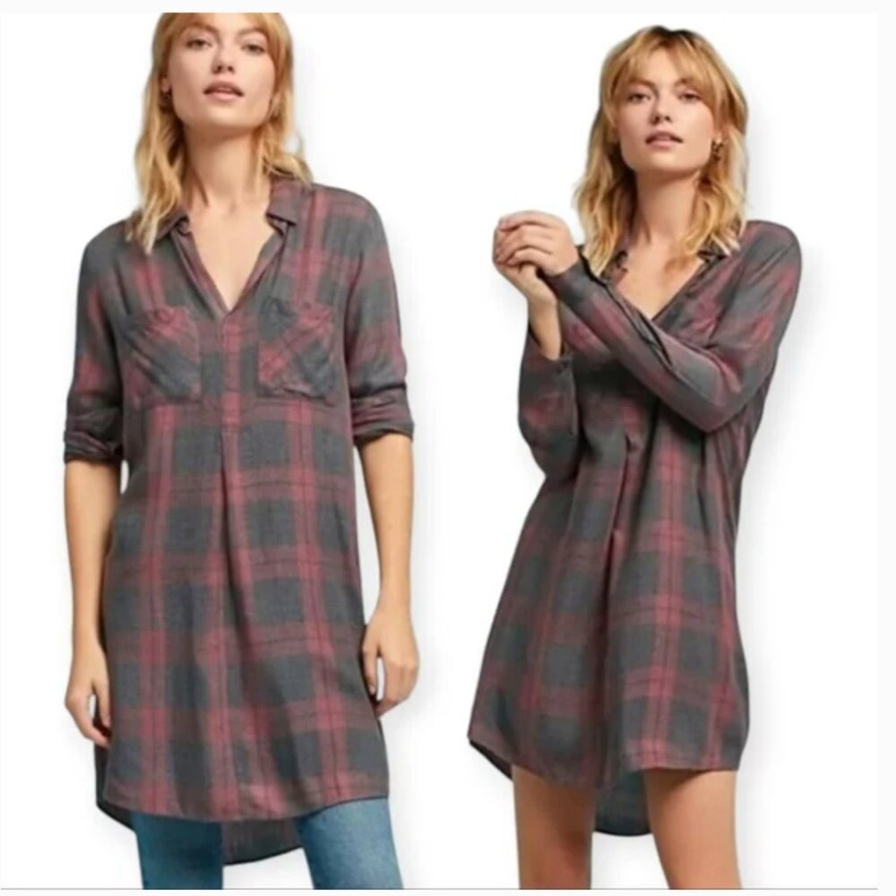 Anthropologie Cloth & Stone Cozy Plaid Shirt Dress Tunic Top Size XS Cozy‎ Cabin